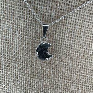 Black/Dark Purple Druzy Amethyst Crescent Moon Pendant on Chain